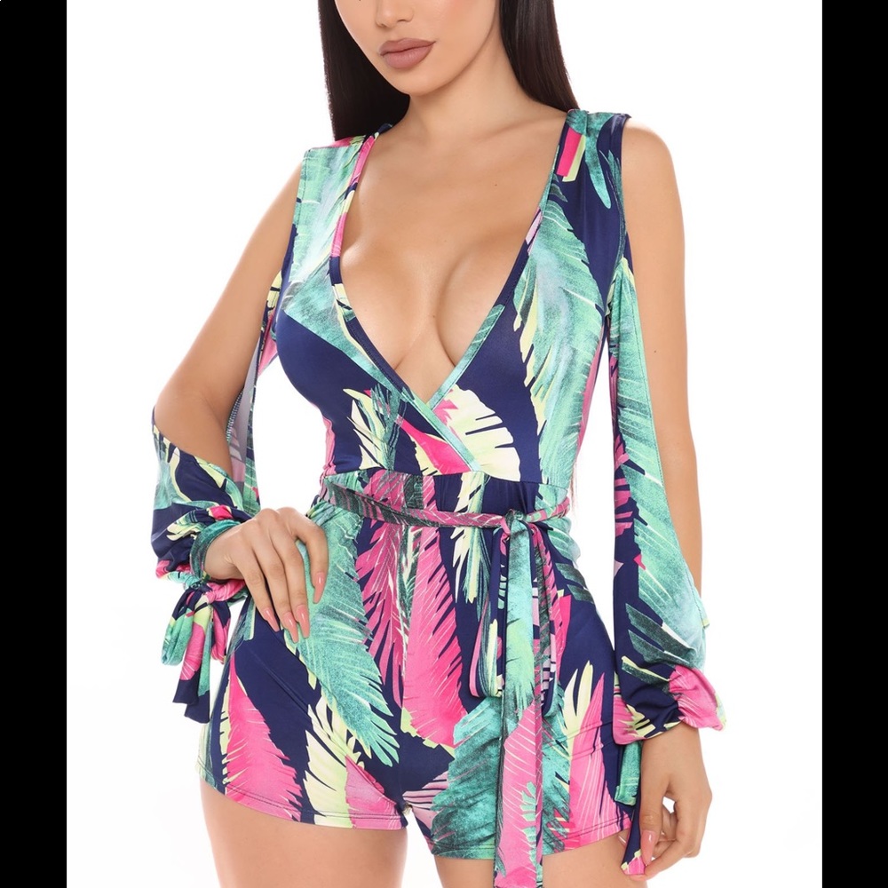 Fashion Nova Navy Tropical Print Plunge Romper with Pink & Green Leaves